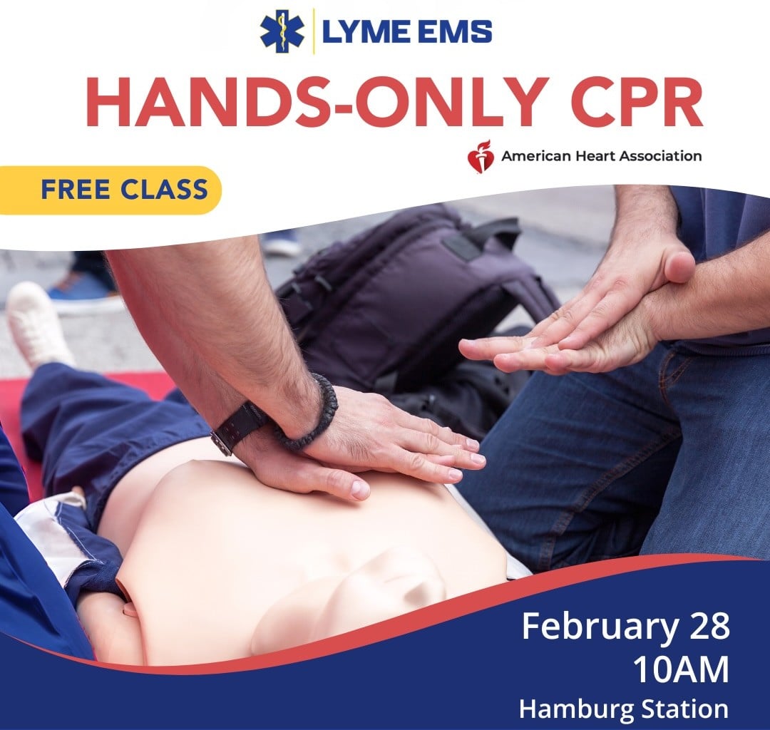 Event flyer shows hands doing chest compressions.