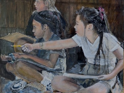 In this painting, students with clipboards look ahead while one girl points with a pencil.