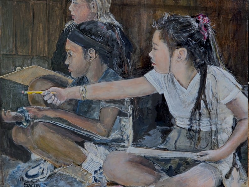 In this painting, students with clipboards look ahead while one girl points with a pencil.