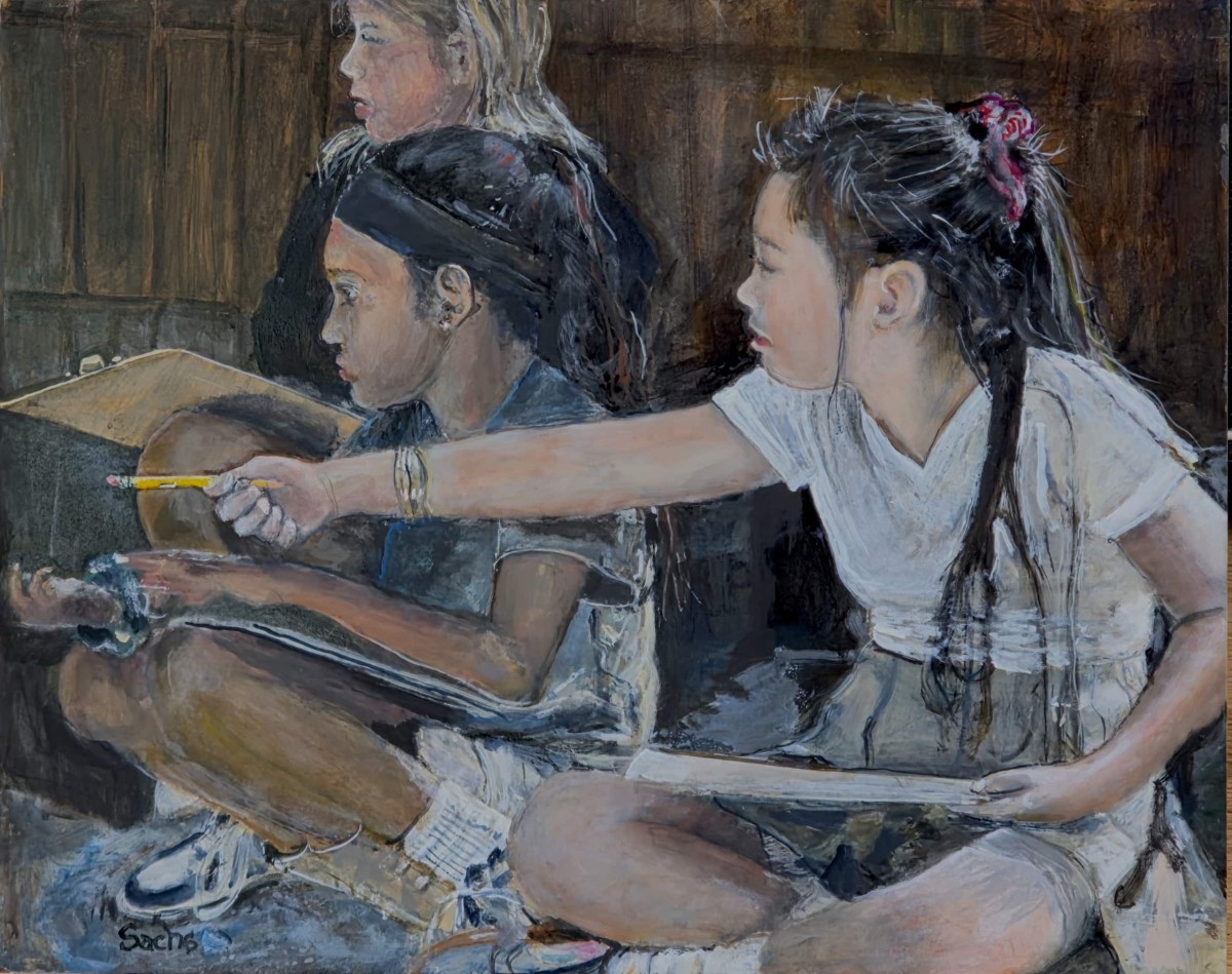 In this painting, students with clipboards look ahead while one girl points with a pencil.