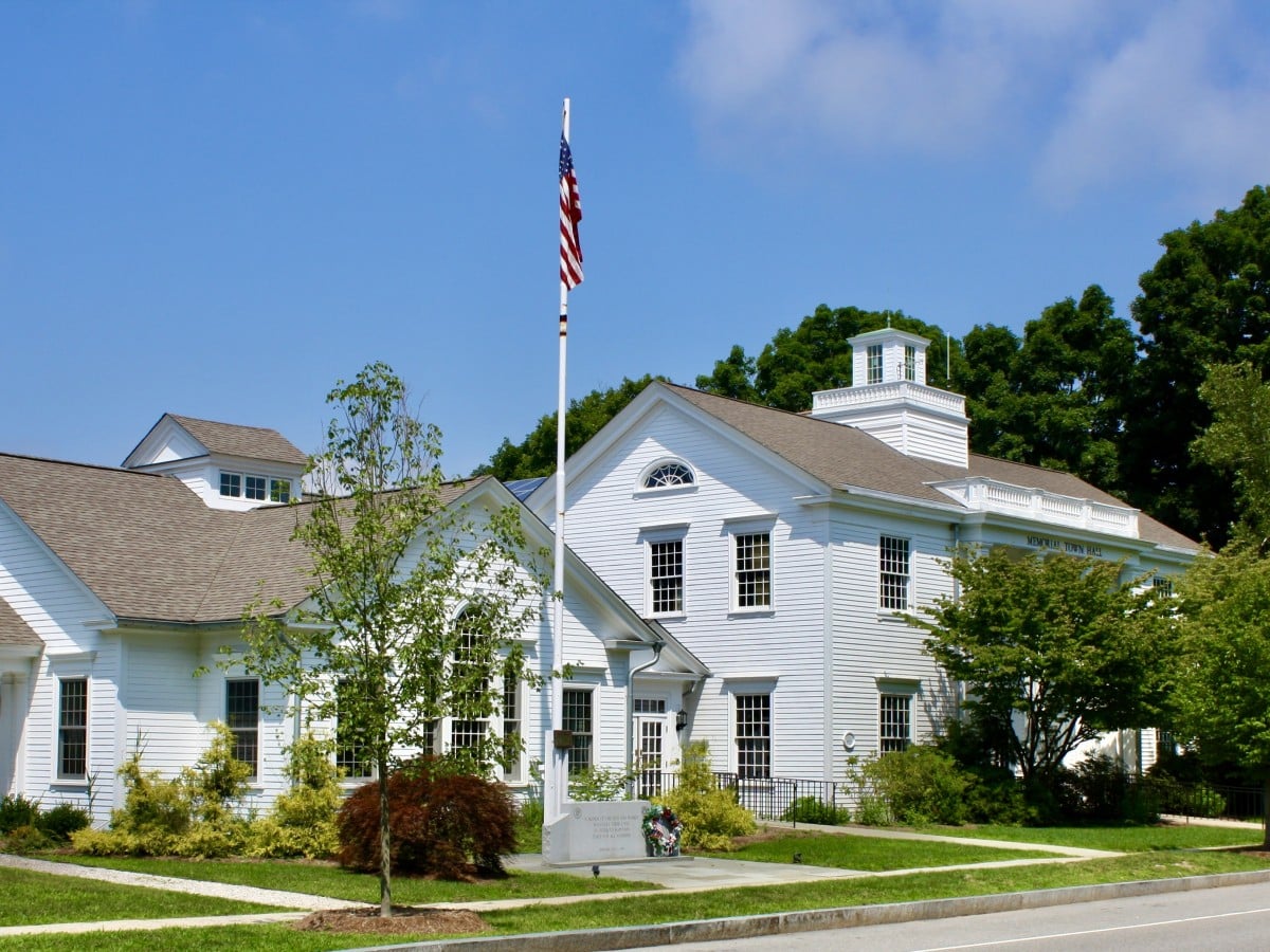 A view of the side and front of Memorial Town Hall