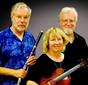 Jim Sirch with an Irish flute, Willow Sirch with a fiddle and Gary Wikfors pose for a photo.