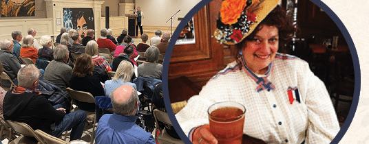 A photo of Bev York in 1800s attire holding a drink, and an accompanying photo of lecture attendees at a previous event.
