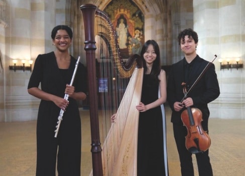 The musicians pose with their instruments.