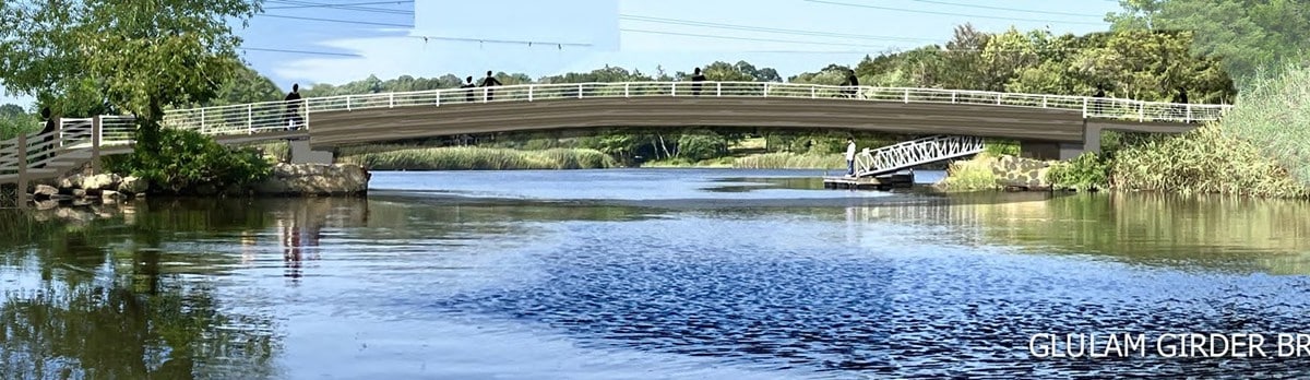 A bridge of engineered wood is shown over the river.