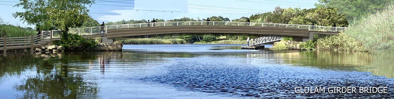 A bridge of engineered wood is shown over the river. 