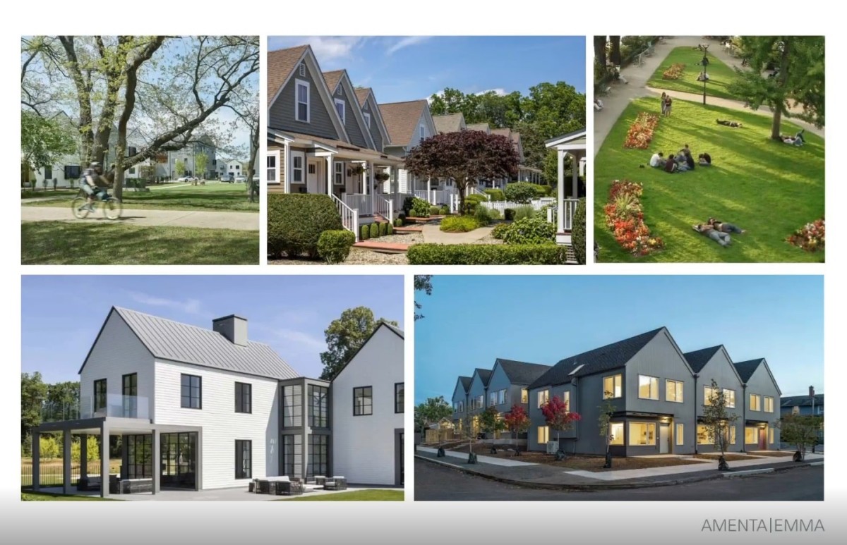 Five images show a bicyclist passing a tree, a row of housing units, a green area with people sitting and laying down, a side view of one unit and a cluster of units.