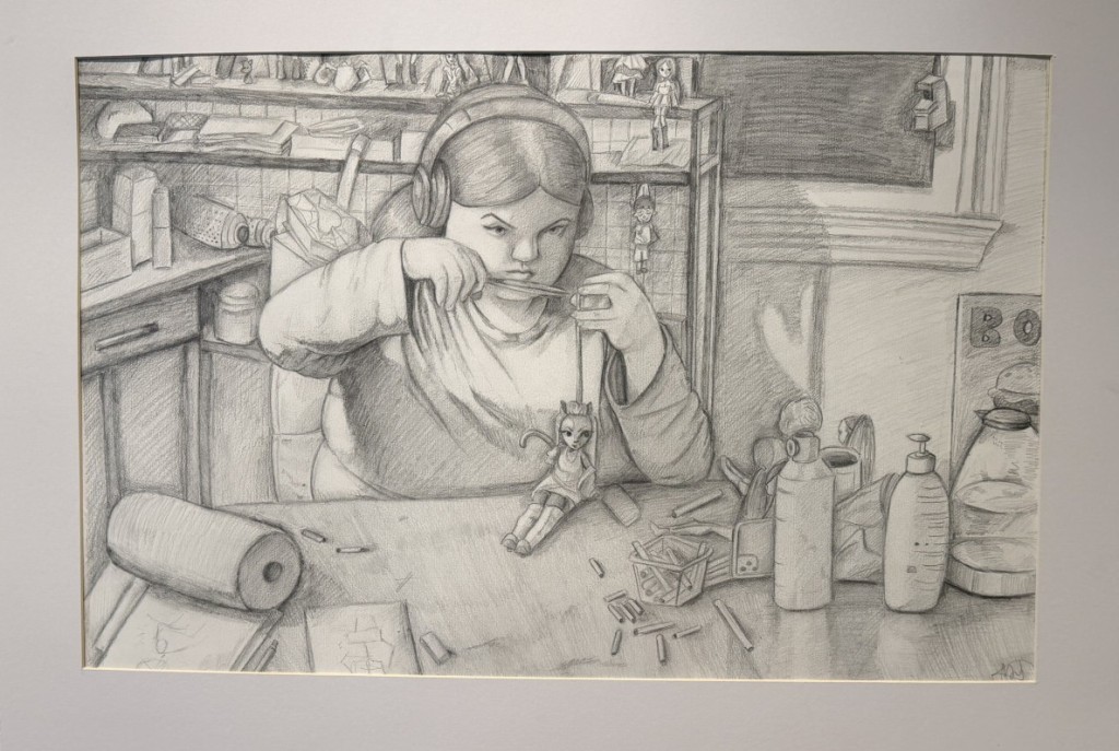 A young person wearing headphones appears to be cutting or tweezing a string attached to a doll.