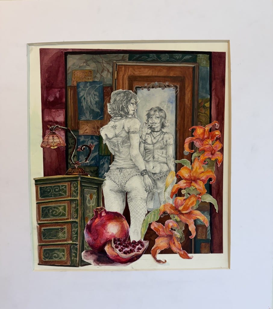 A young person in a cropped undershirt and panties with midriff exposed looks in the mirror in a black and white drawing, surrounded by colorful flowers, a pomegranate, a dresser, a lamp and abstract shapes.