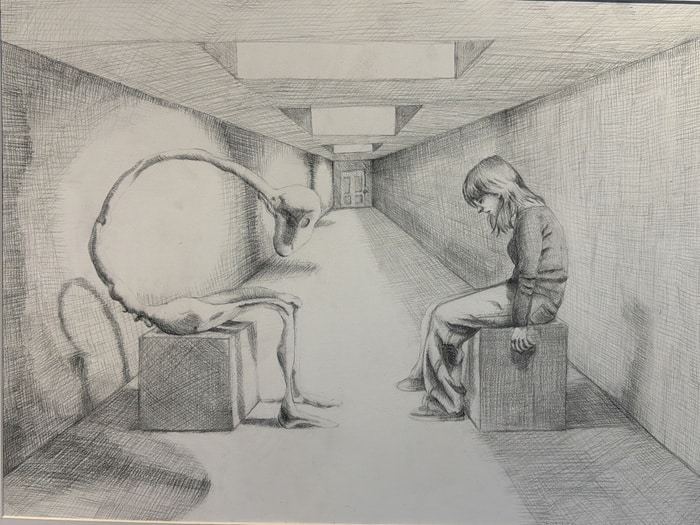 A girl withi sagging shoulders sits across a long hallway on a box across from what appears to be an alien with a long, thin, curved neck.