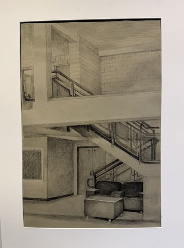 Stairs in the commons at Lyme-Old Lyme High School near the auditorium.