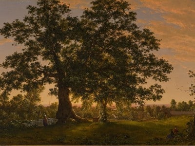 The tree stands in what appears to be sunrise or sunset, with one person standing near its trunk and two looking on from beyond the leafy canopy.