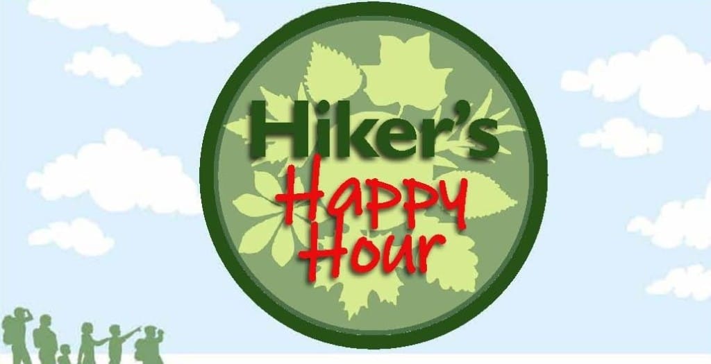 A logo with a the shadow of flora behind the words Hiker's Happy Hour