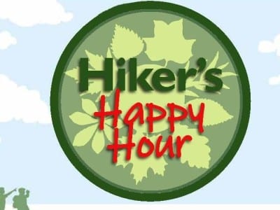 A logo with a the shadow of flora behind the words Hiker's Happy Hour