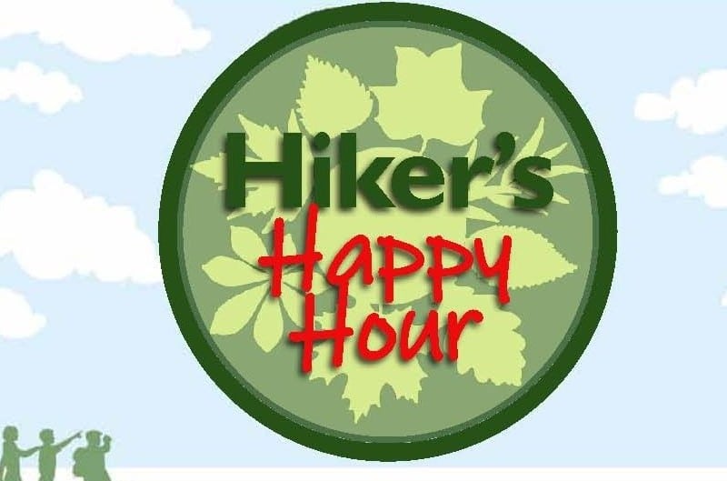 A logo with a the shadow of flora behind the words Hiker's Happy Hour