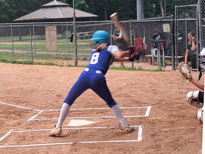 View from behind of batter at the plate ready to swing.